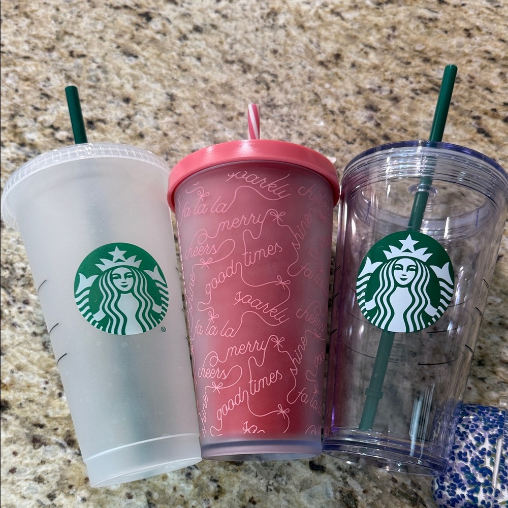 Starbucks 3 Pc Bundle Plastic Tumblers 1 Christmas Cheer & 2 Classic Print